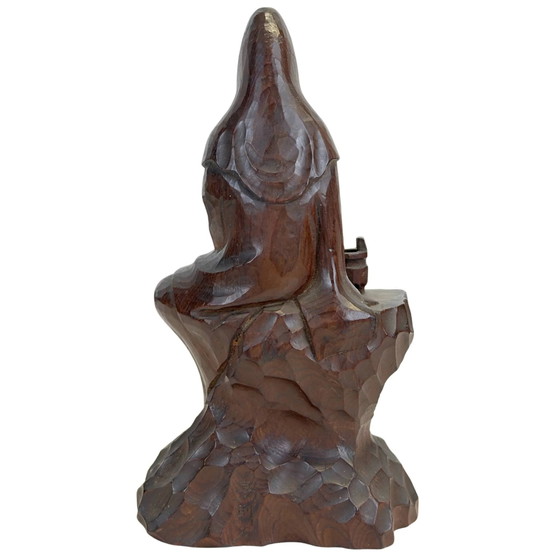 Kannon (Guanyin) Giapponese in Legno Hinoki Monolitico Intagliata a Mano, Stile Enku (14.2 cm) – Sculture (photo 5 of 9)