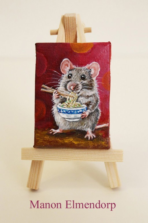Unique Hand-Painted Little Mouse Painting, Signed