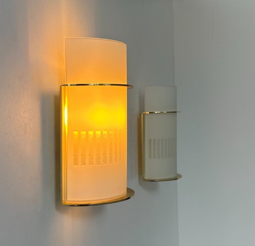 Pair of sconces in brass and sandblasted glass, France 1970