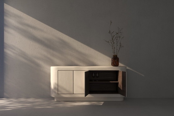 Image 1 of Dressoir, nachtkastje, zwevende lade en wandplankcollectie van gips en walnoothout