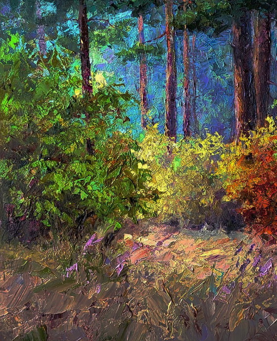 Original Oil Painting Nature Landscape The Beginning Of Autumn In The Forest – Paintings & Drawings, Canvas (photo 5 of 8)