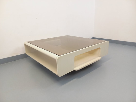 Image 1 of Vintage square coffee table in Space Age style, made of white wood and smoked glass, from the 1970s