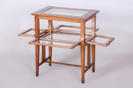 Gerestaureerde art-deco serveerwagen, walnoothout, facetgeslepen glas, Tsjechisch, jaren 1920 – Wood