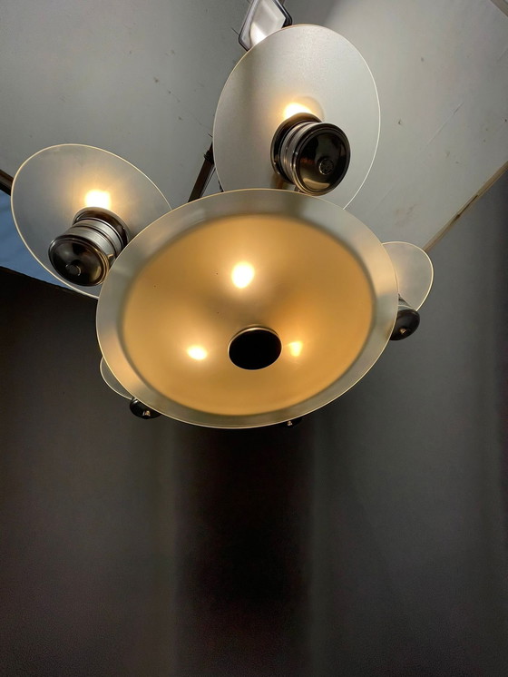 Image 1 of 1930s Art Deco Chrome Chandelier with Frosted Glass Disc Shades – Czech Vintage Lighting
