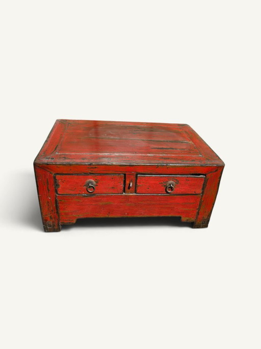 Cassapanca bassa cinese antica in legno laccato rosso patinato – salontafels, Metal, Wood (photo 2 of 5)