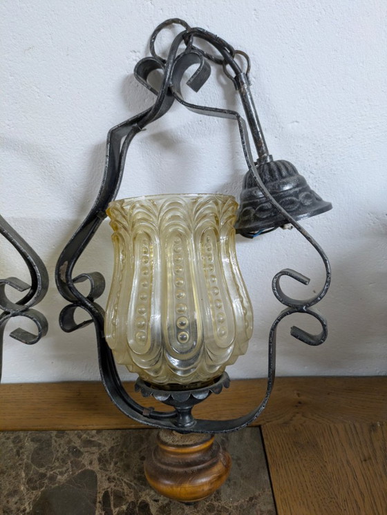 Lampada a sospensione in metallo e vetro ambrato, Lampade a sospensione, Grigio, Vintage (foto 3 di 5)