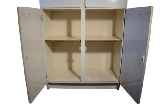 Formica kast met 4 deuren en 2 lades, wit met beige nerf, B78xD40xH175cm – Opbergkast, Metal, Wood (photo 4 of 11)