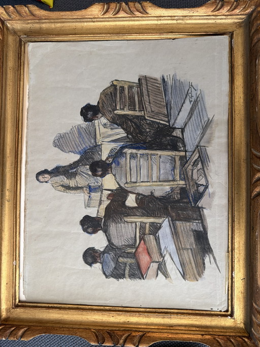 Francesco Galante - Alunni Con La Modella – schilderijen tekeningen, Paper, Wood