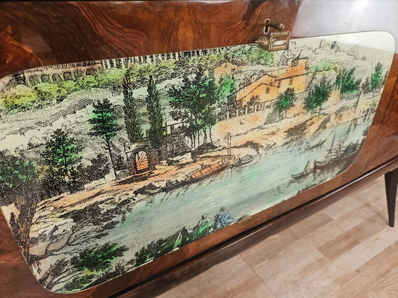 Image 1 of Mid-century mahogany sideboard from the 1950s with aqua green glass and a central bar compartment