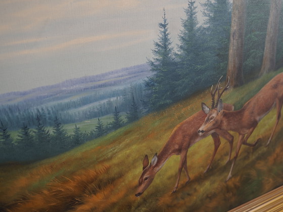 Image 1 of Peinture "Deux cerfs au bord de l'eau", design danois, années 1960, par Wolmer Zier