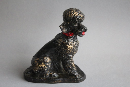 Vintage large poodle figurine made of wax, Lower Bavarian wax chamber, black and gold