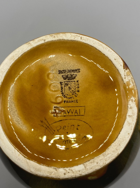 Vase Sarreguemines, décor hawaïen, peint à la main, 2 anses, émail brun flammé – Vaisselle, Ceramic, 1970 (photo 5 of 7)