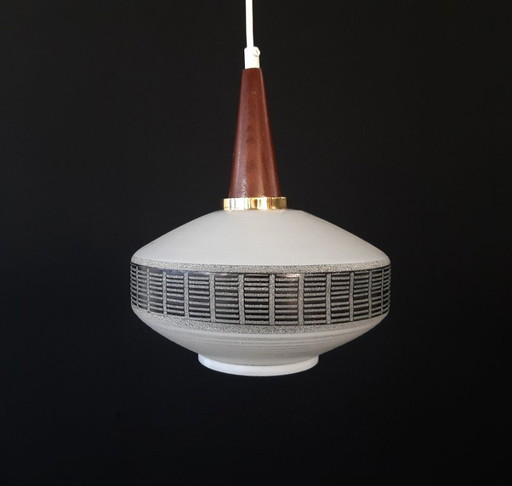 Vintage milk glass pendant lamp with wood, 1960s, mcm lamp, minimalist hall lamp black white glass