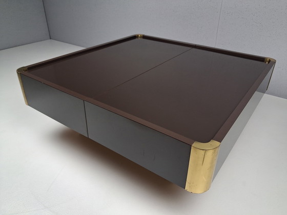 Vintage Belgo Chrom Salontafel Met Verborgen Bar, Jaren 70 – Belgochrom, Brass, Wood (photo 7 of 10)