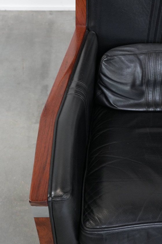 Image 1 of 2 x Black cowhide Art Deco design armchairs with high backs by Schuitema