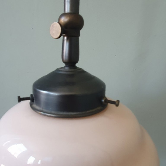 Image 1 of Long Vintage Art Deco Rose Opaline pendant lamp - hanging lamp