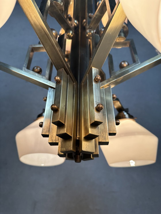 Image 1 of Art Deco chandelier - opaline and brass