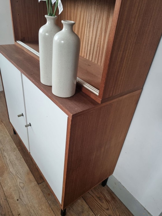 Image 1 of Set of two vintage cabinets with ribbed glass – warm wood & white (mid-century look)
