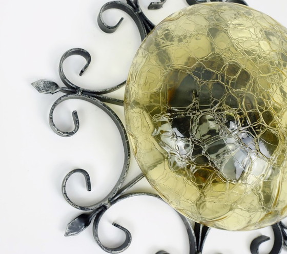 Image 1 of outstanding 1970's modernist brutalist wall lamp SCONCE wrought iron and amber glass