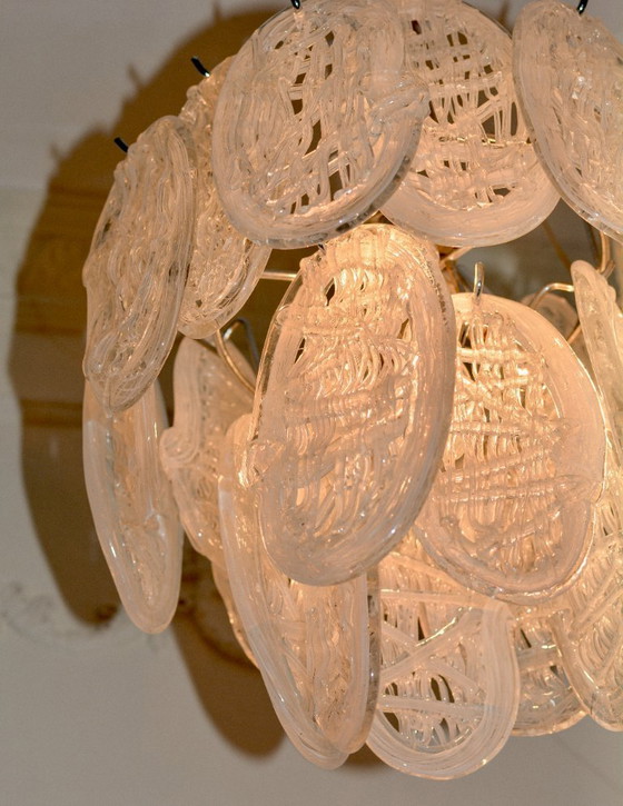 Image 1 of Lustre vintage en verre de Murano, suspension Mazzega Leaf, luminaire chromé style années 50