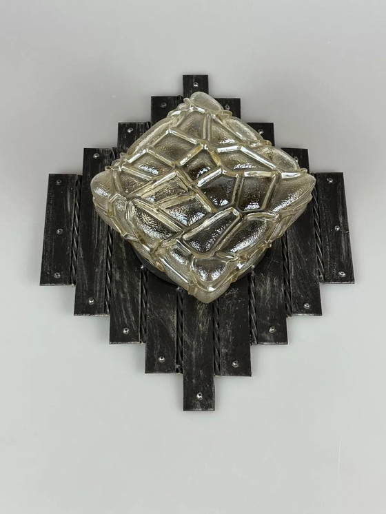 Image 1 of 60s 70s Brutalist Applique murale fer & verre Wall Lamp 60s 70s