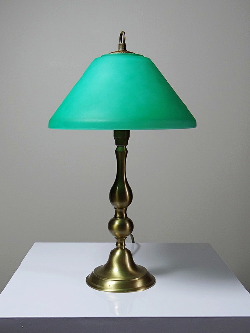 Vintage brass and green glass table lamp