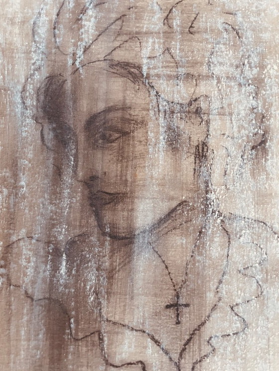 Image 1 of Dibujo a carboncillo, firmado, retrato femenino del siglo XIX