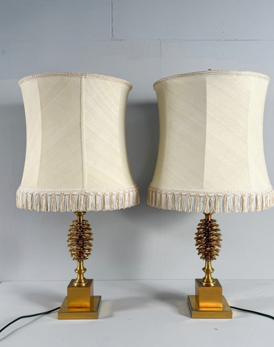 Image 1 of Set of 2 table lamps by Maison Charles, Hollywood Regency, pine cone/pine, France, 1970s