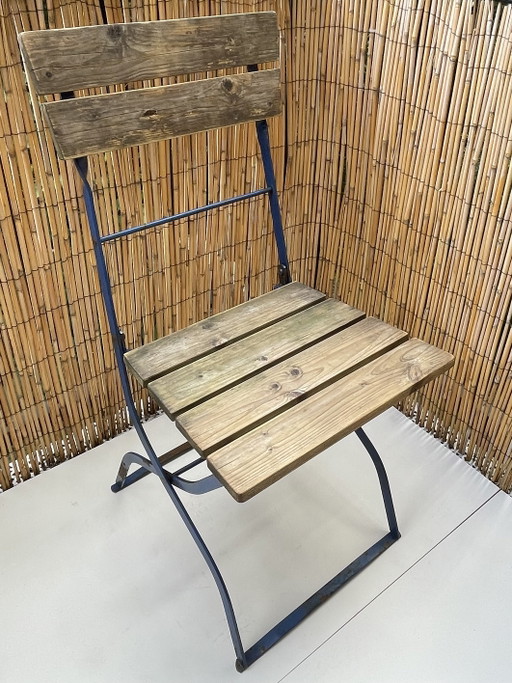 Vintage wooden bistro folding chair – blue metal frame