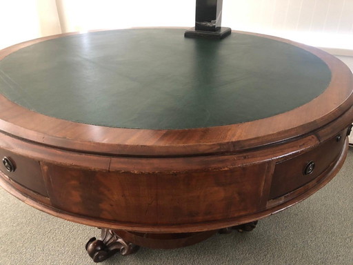Antique drum table with green leather top