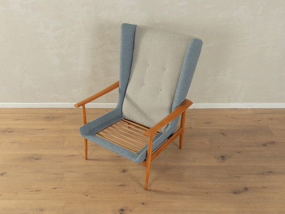 Image 1 of 1950s wingback armchair in two-tone look, cherry wood, newly upholstered