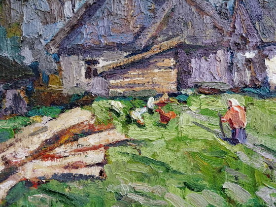 Original Ölgemälde Ländliche Landschaft Dorfleben Im Hof – Gemälde & Zeichnungen, Canvas (photo 9 of 11)