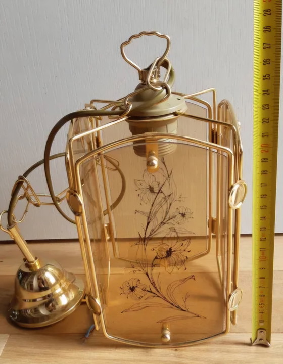 Image 1 of Prachtige Vintage Glas en Goud Metalen Hanglamp