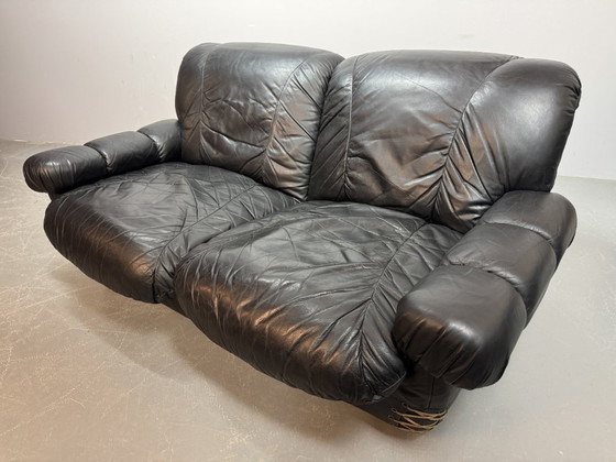 Image 1 of Beautiful Big Black Leather Postmodern Italian Design Space Age 2-Seat Lounge Sofa with Brass Buttons and Playful Cord Lacing.