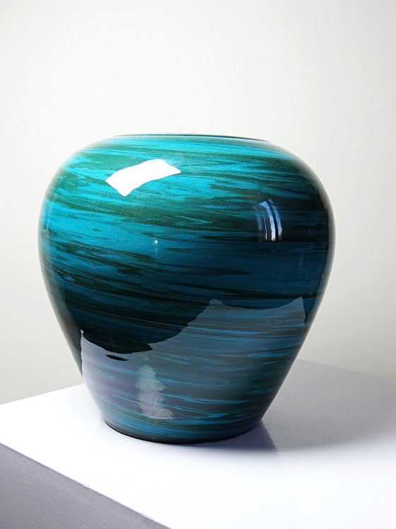 Image 1 of Large ceramic vase with mixed clays, malachite green glaze, 1950s-70s