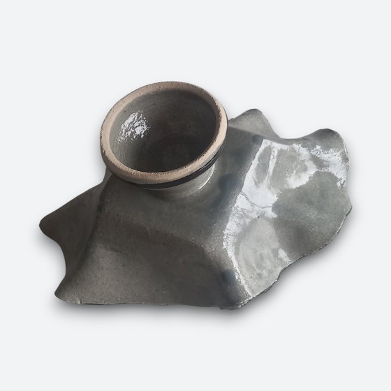 Image 1 of Studio ceramic bowl on foot with organic shape and gray glaze – signed studio mark