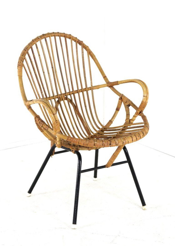 Image 1 of Set of 3 rattan armchairs + vintage rattan coffee table, Rohe, Noordwolde