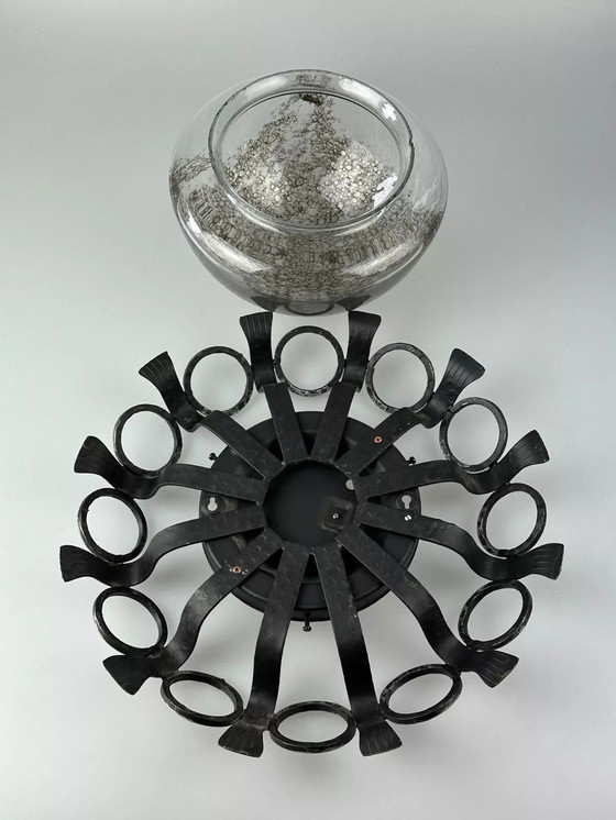 Image 1 of 60s 70s Brutalistische wandlamp of plafondlamp van ijzer & glas design