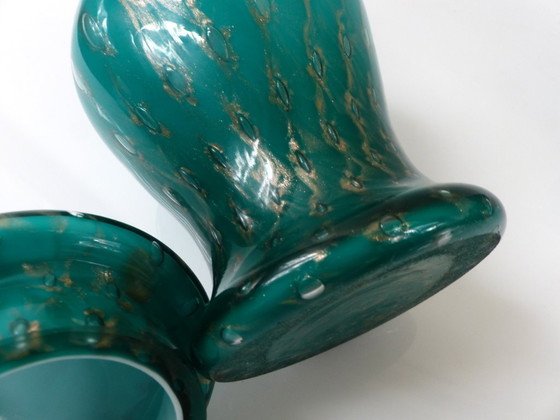 Pair of Covered Turquoise and Aventurine Glass Jars, Murano – 20th Century – Decorative Objects (photo 11 of 13)