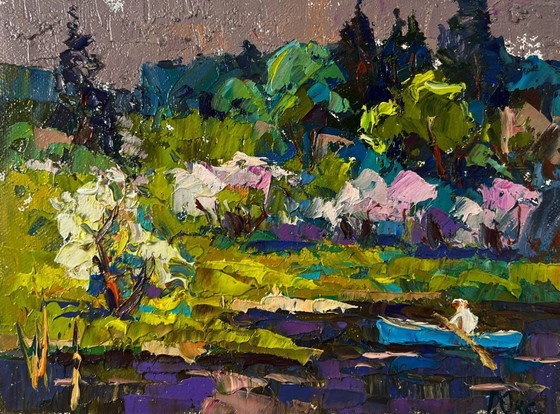 Image 1 of Original Oil Painting Evening Forest Landscape Breath of spring in green groves