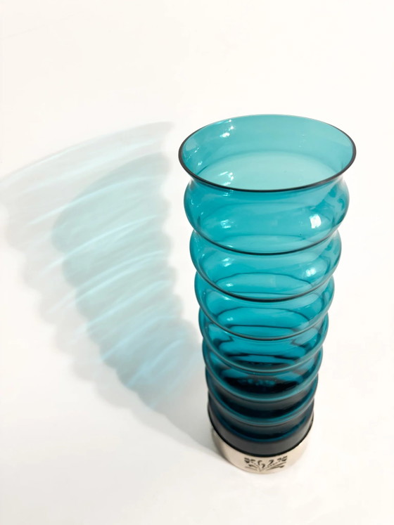 70s Cylindrical Blue Glass and Silver-Plated Metal Vase – Murano Glass (photo 6 of 9)
