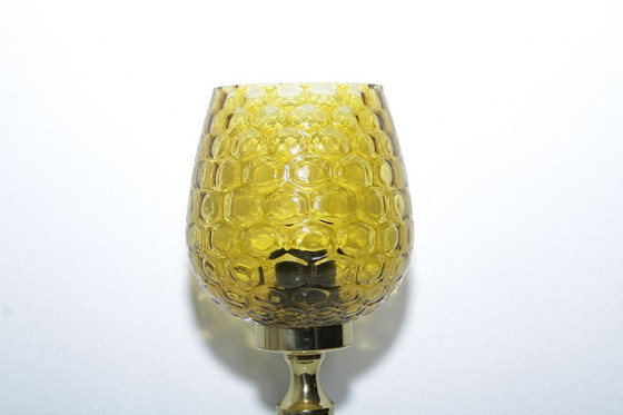 Image 1 of Tafellamp messing glazen kap kelkvorm bruin jaren 80 J Vintage