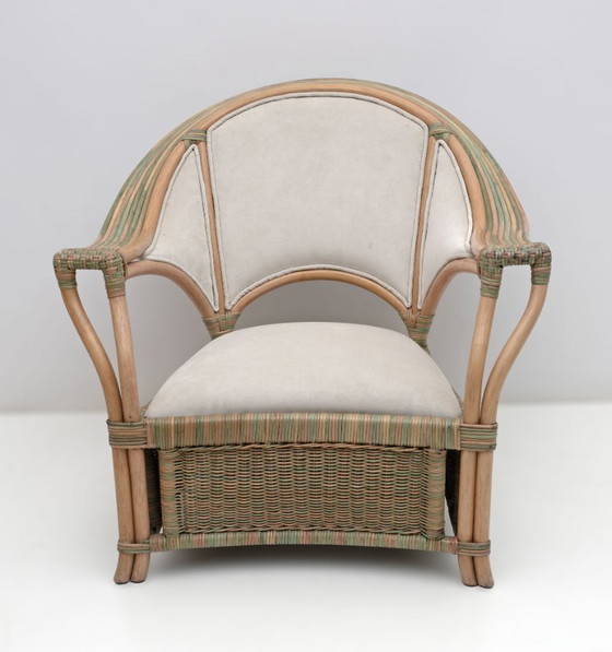 Image 1 of Mid-century Modern Italian Rattan and Wicker Two Armchairs and Sofa, 1970s