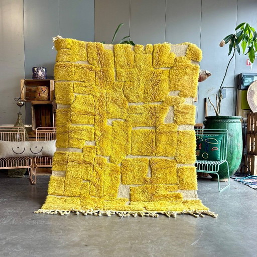 Yellow Moroccan Mrirt Wool Rug 160x220 cm , Handwoven Berber Carpet