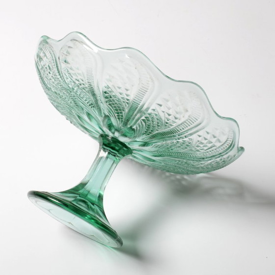 Image 1 of Mid-Century Pressed Glass Pedestal Bowl / Vintage Georgia Green Fruit Bowl / Ukraine / 1950s
