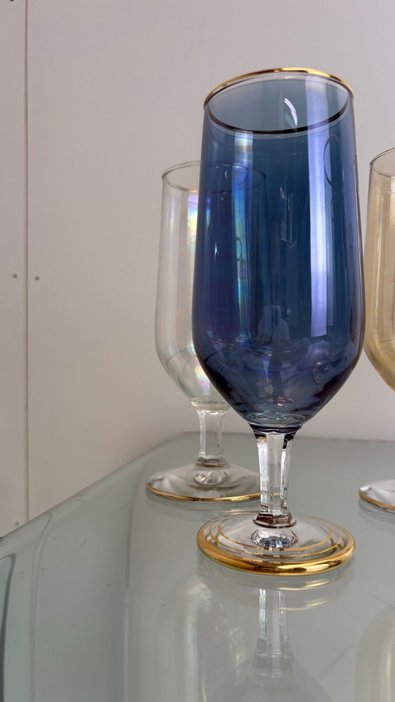 Image 1 of 8 x Vintage iridescent wine glasses or water glasses rainbow glass