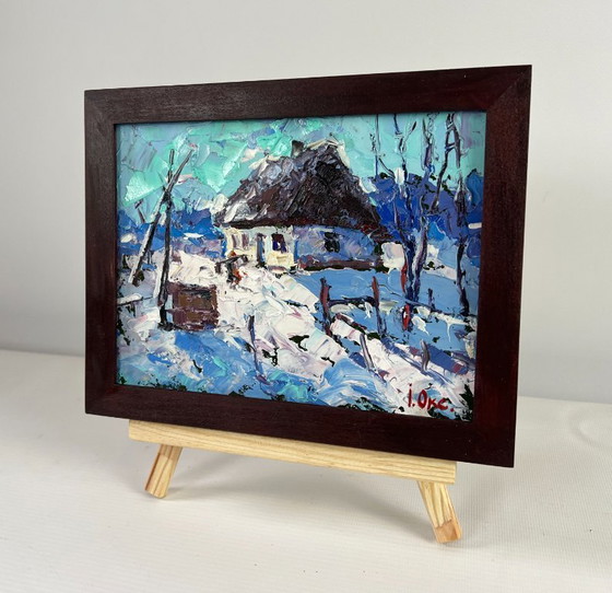 Image 1 of Original Oil Painting Winter Village Landscape The house sleeps in the snow