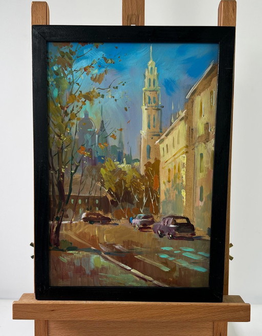 Original Oil Painting Autumn City Landscape Street in motion