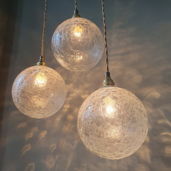Set (3) Vintage Crackle Glass Sfera / Lampade a sospensione - Midcentury – Metal (photo 9 of 21)