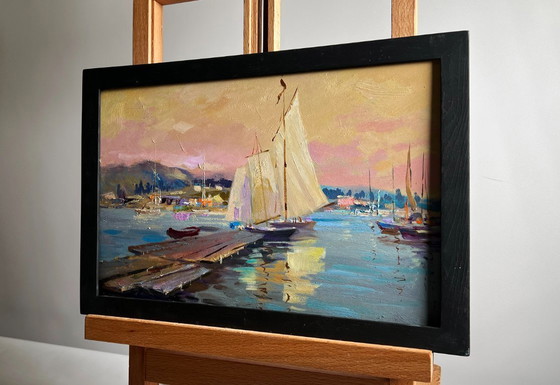 Image 1 of Original Oil Painting Evening Coastal Landscape Scarlet Sunset on the Ferry